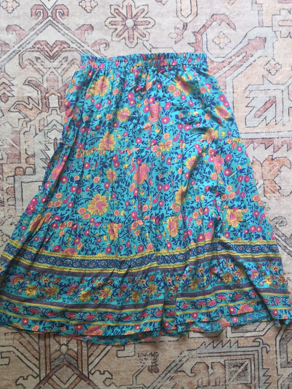 Turquoise Floral Tiered Midi Skirt - Women's